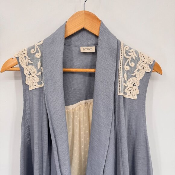 LOGO Cardigan Vest Womens XL Blue Cotton Cream‎ Swiss Dot Lace-Trimmed Back - Picture 2 of 9